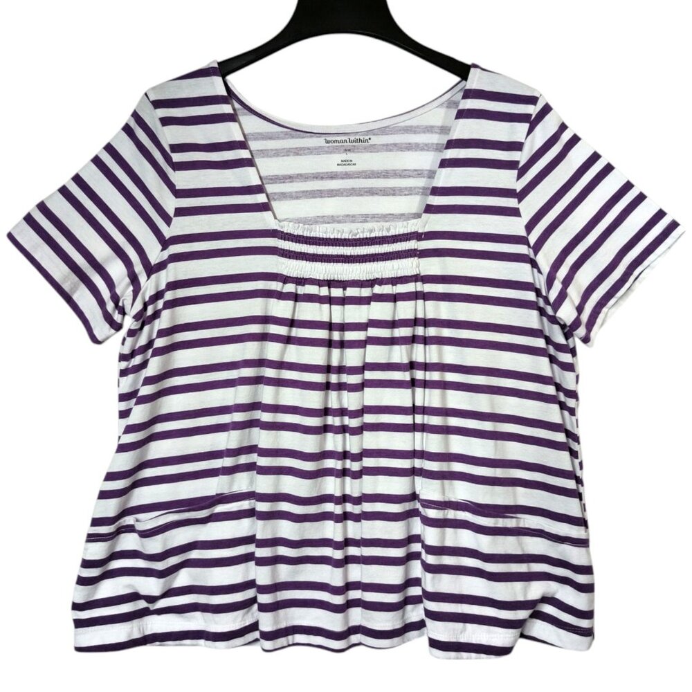 Woman Within Short Sleeve Purple Striped Shirt Smocked Pockets 18/20 (WW Size L)